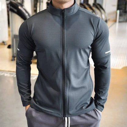 Men's Sports Fitness Casual Tops Long Sleeve Stand Up Collar Solid Colour Jacket Jogging Workout Sweatshirt with Zip Long Sleeve