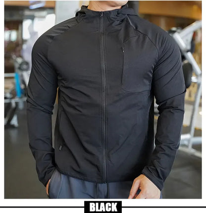 High Quality Nylon Sport Coat Mens Gym Fitness Hoodies Outdoor Workout Tops Hooded Training Running Zipped Jacket Clothes
