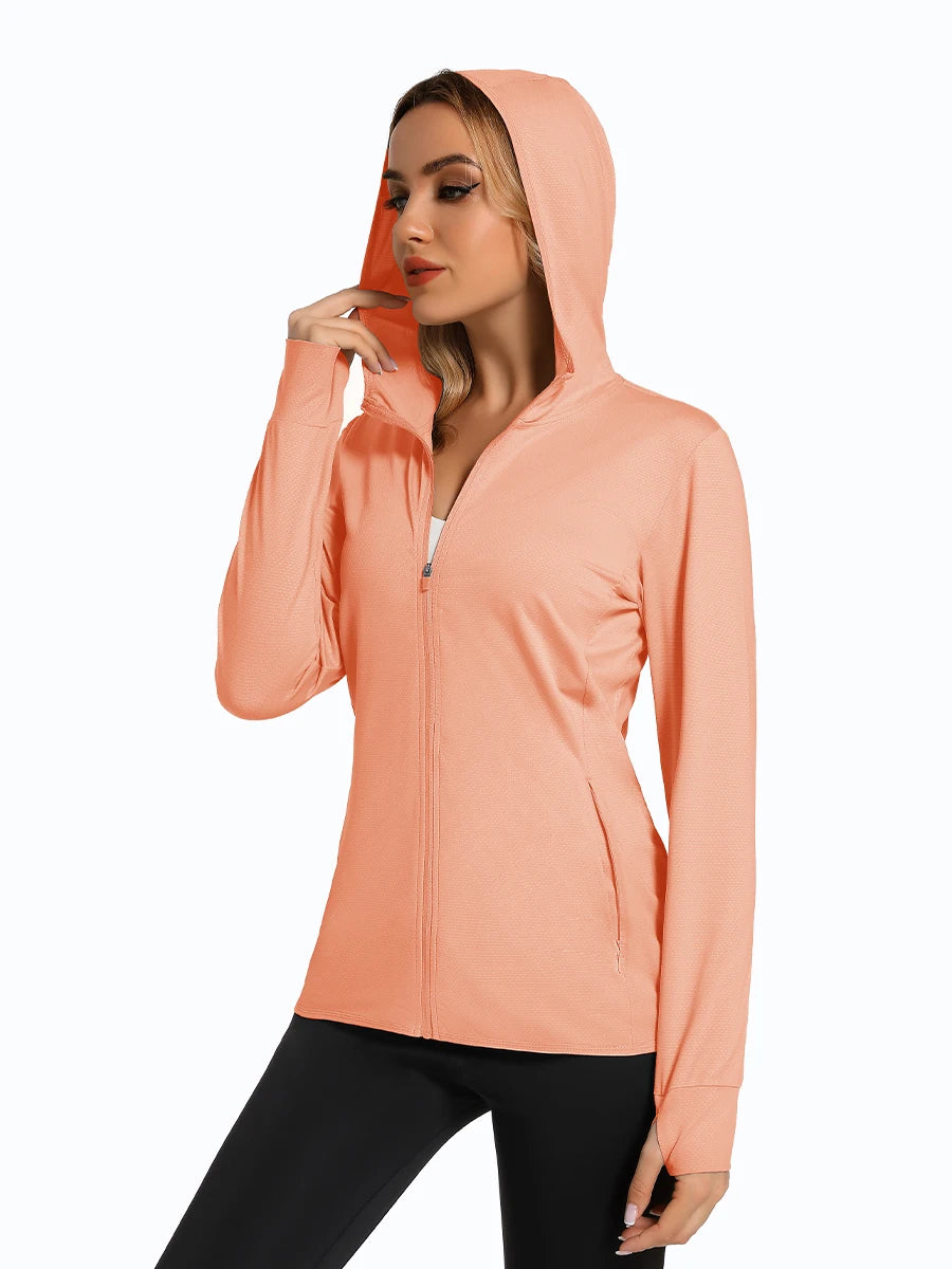 MAGCOMSEN Spring Lightweight Jackets Women's UPF 50+ Sun Protection Hooded Zip Shirts Running Athletic Tops Thumb Holes Hiking