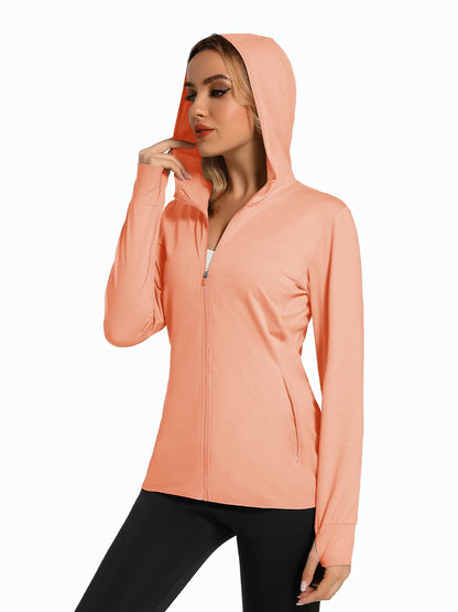 MAGCOMSEN Spring Lightweight Jackets Women's UPF 50+ Sun Protection Hooded Zip Shirts Running Athletic Tops Thumb Holes Hiking