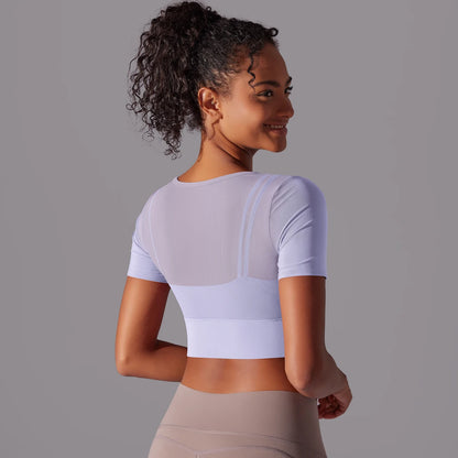 Women's Mesh Yoga Shirt Sexy Short Sleeve T-Shirt Sport Top Blouse Cover Up Quick Dry Gym Clothes Running Fitness Tank Sportwear