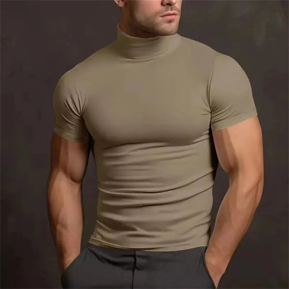 Cross-border Amazon 2024 summer solid color short-sleeved fashion bottoming shirt men's tight turtleneck T-shirt
