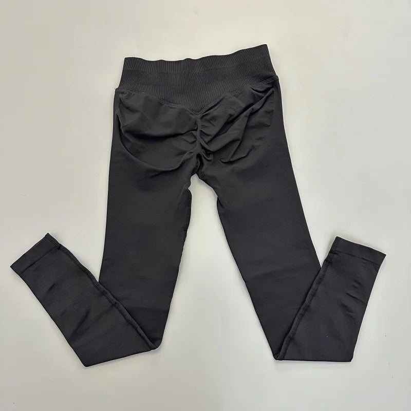 No Logo Leggings Women Low Ribbed Band Scrunch Bum Seamless Yoga Pants Gym Leggings Fitness Sweat Wicking Stretch Workout Tights