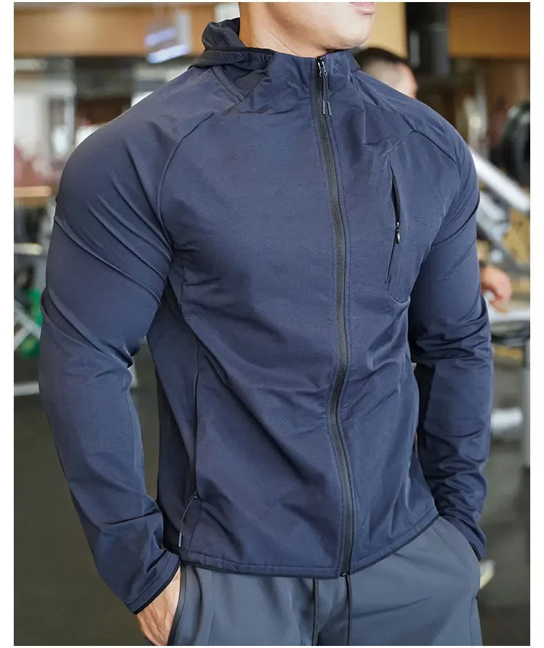 High Quality Nylon Sport Coat Mens Gym Fitness Hoodies Outdoor Workout Tops Hooded Training Running Zipped Jacket Clothes