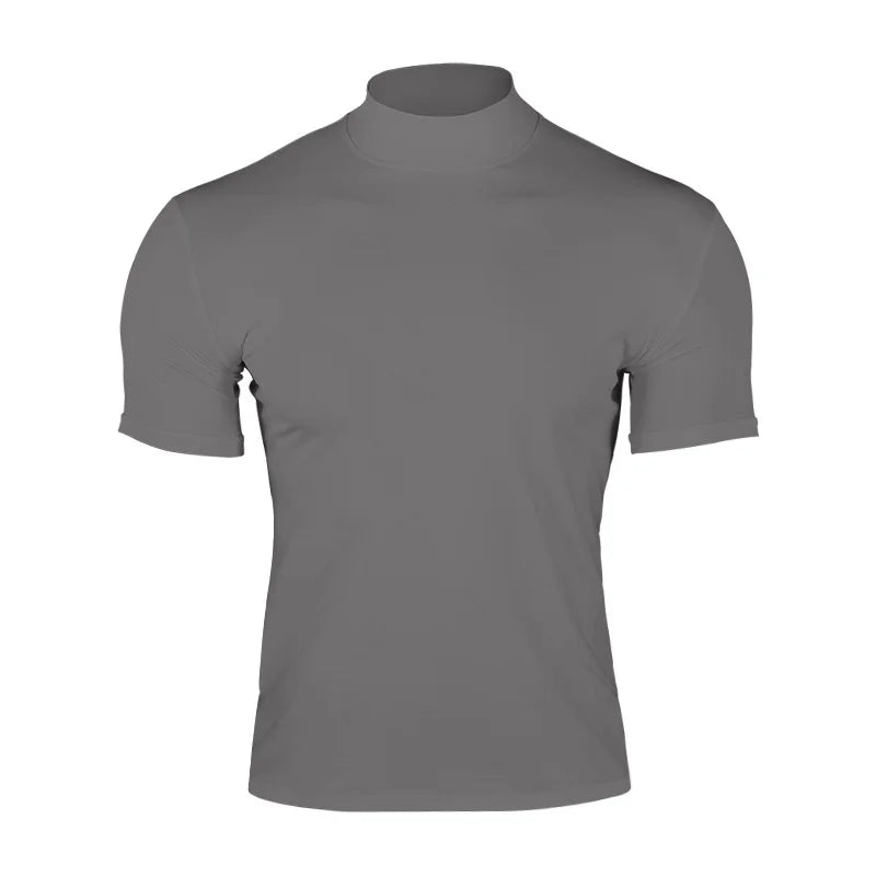 Cross-border Amazon 2024 summer solid color short-sleeved fashion bottoming shirt men's tight turtleneck T-shirt