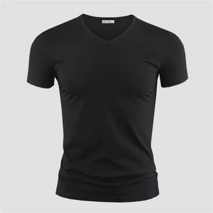 2025 Men's T Shirt Pure Color V Collar Short Sleeved Tops Tees Men T-Shirt Black Tights Man T-Shirts Fitness For Male Clothes