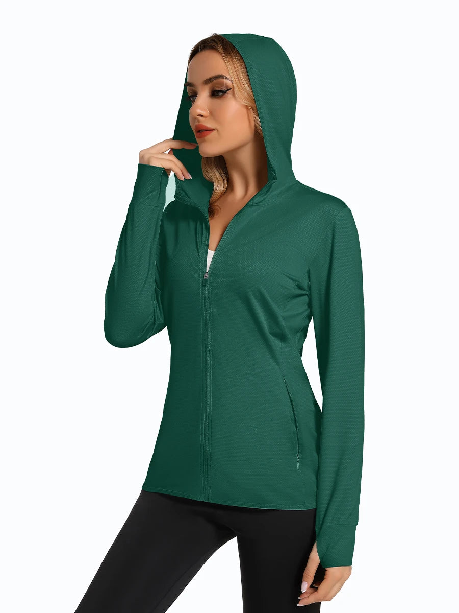 MAGCOMSEN Spring Lightweight Jackets Women's UPF 50+ Sun Protection Hooded Zip Shirts Running Athletic Tops Thumb Holes Hiking