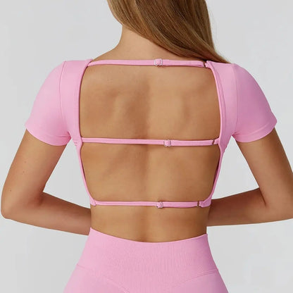 Seamless Women's Yoga Crop Top Sport Short Sleeve T Shirts Fitness Clothes New Yoga Shirt Gym Sexy Backless Top Quick Drying Top