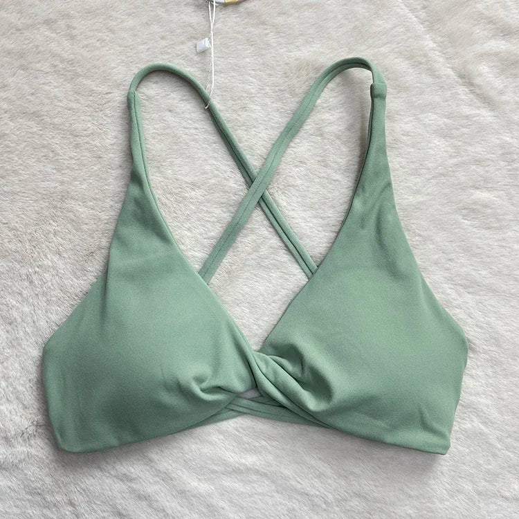 SHINBENE Front Twist Padded Cross Strap Sports Bra Sexy Back Fitness Sleeveless Short Top Yoga Sports Bra