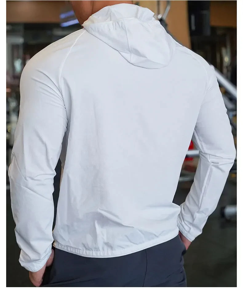 High Quality Nylon Sport Coat Mens Gym Fitness Hoodies Outdoor Workout Tops Hooded Training Running Zipped Jacket Clothes