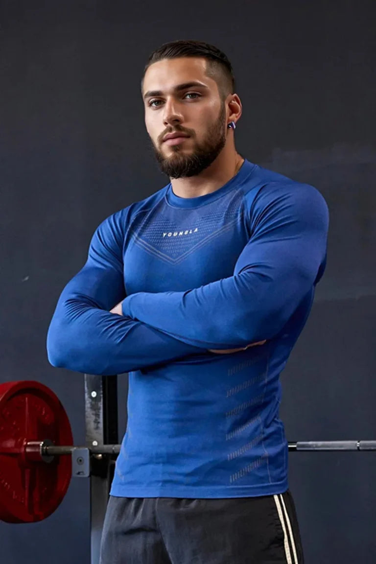 Spring Autumn Men Slim Fit Casual Elastic Training Top Long Sleeve T-shirt Fitness Sports Milk Silk Material Running Fitness