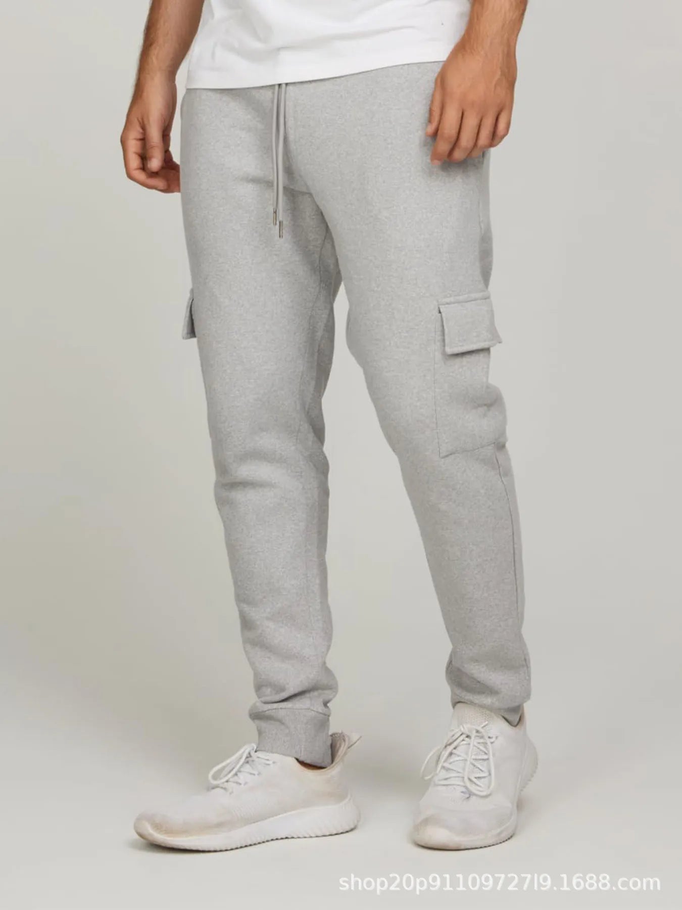 Men's Casual Fitness Long Pants Fleece Lined Cuffed Running Trousers Multi Pocket Workwear Sports Pants Low Waist Slim Fit