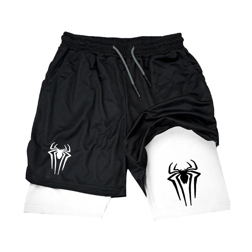 Y2K Performance Shorts Men Spider Printed GYM Casual Sports Compression Shorts Workout Running Mesh 2 In 1 Sport Short Pants