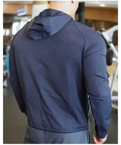 High Quality Nylon Sport Coat Mens Gym Fitness Hoodies Outdoor Workout Tops Hooded Training Running Zipped Jacket Clothes