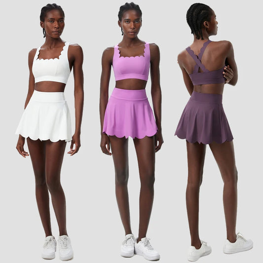 Women Summer Tennis Clothes Solid Color Outdoor Gym Running Suit Breathable Quick Dry Workout Short Sportswear Female Yoga Set