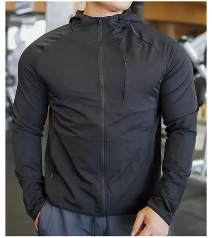 High Quality Nylon Sport Coat Mens Gym Fitness Hoodies Outdoor Workout Tops Hooded Training Running Zipped Jacket Clothes