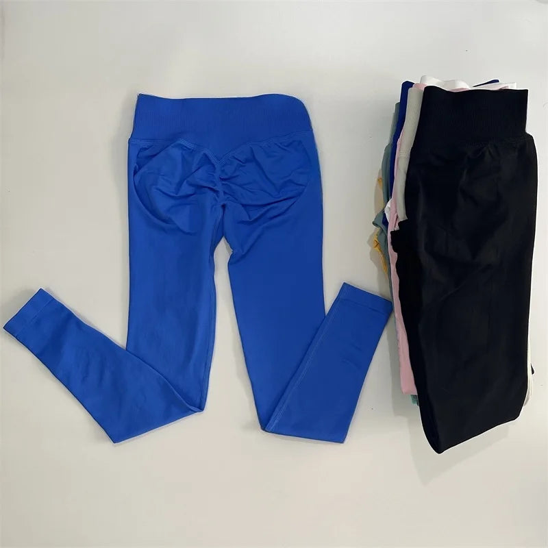 No Logo Leggings Women Low Ribbed Band Scrunch Bum Seamless Yoga Pants Gym Leggings Fitness Sweat Wicking Stretch Workout Tights