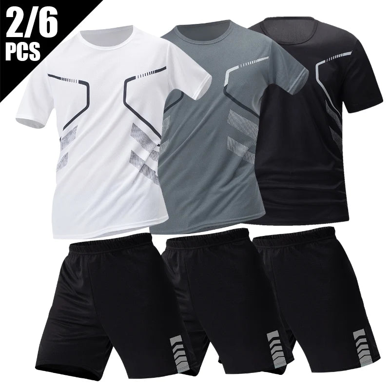 2/4/6 Pcs Plus Size Men's Quick-drying Short-sleeved Shorts Suit Men's Leisure Sports Running Fitness T-shirt Joker Shorts Teen