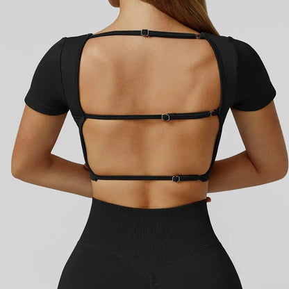 Seamless Women's Yoga Crop Top Sport Short Sleeve T Shirts Fitness Clothes New Yoga Shirt Gym Sexy Backless Top Quick Drying Top