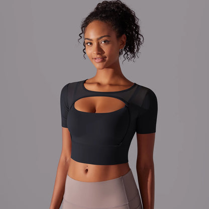 Women's Mesh Yoga Shirt Sexy Short Sleeve T-Shirt Sport Top Blouse Cover Up Quick Dry Gym Clothes Running Fitness Tank Sportwear