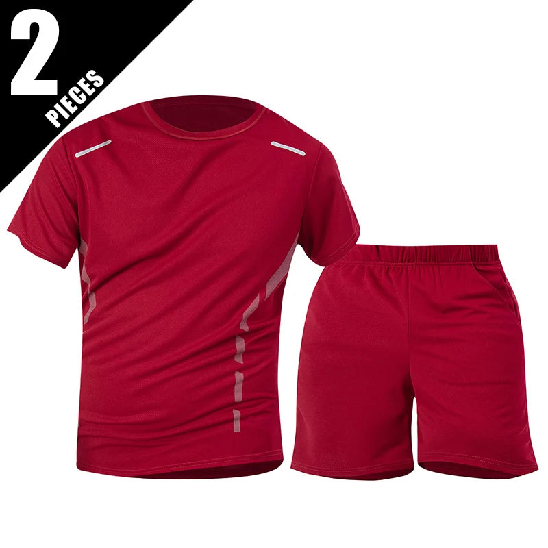 2-Piece Men's Summer Quick drying Sports Suit Loose And Breathable Short Sleeved T-shirt Running And Fitness Black Pocket Shorts