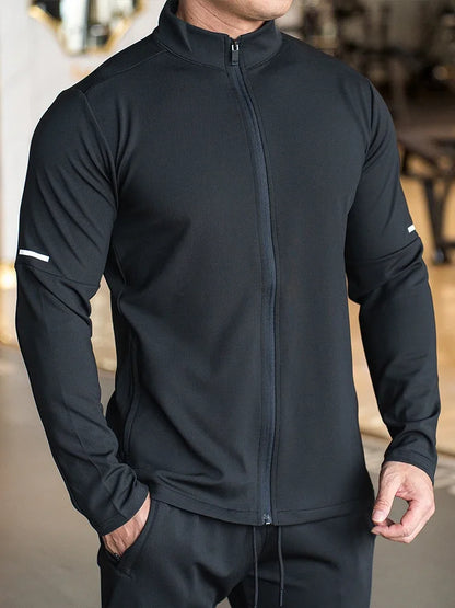 Men's Sports Fitness Casual Tops Long Sleeve Stand Up Collar Solid Colour Jacket Jogging Workout Sweatshirt with Zip Long Sleeve