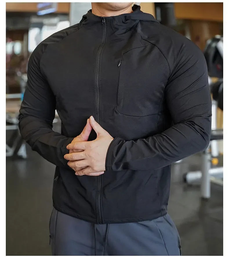 High Quality Nylon Sport Coat Mens Gym Fitness Hoodies Outdoor Workout Tops Hooded Training Running Zipped Jacket Clothes