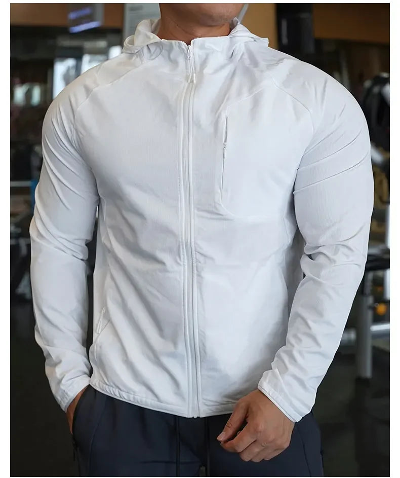 High Quality Nylon Sport Coat Mens Gym Fitness Hoodies Outdoor Workout Tops Hooded Training Running Zipped Jacket Clothes