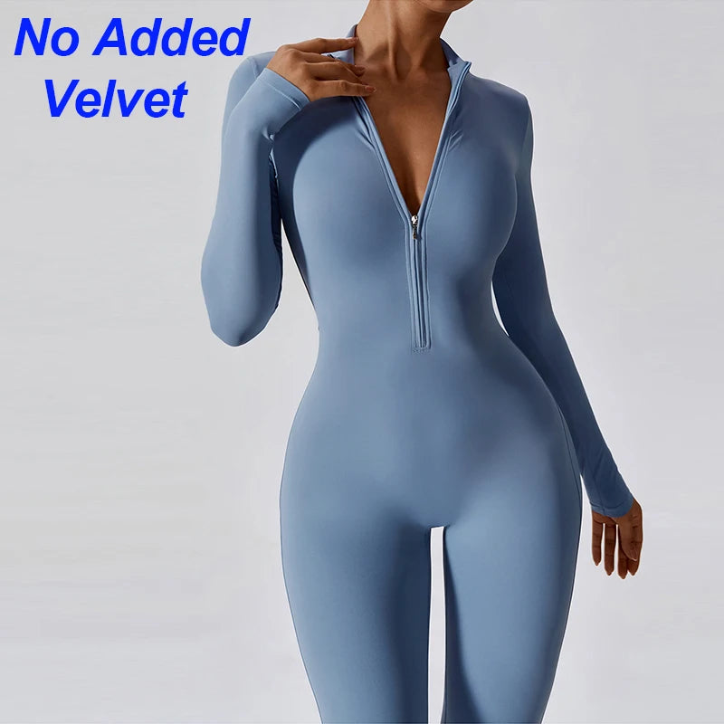 Warm Thin Fleece Jumpsuits Women's Tracksuit Winter One-Piece Sports Suit Black Fitness Jumpsuit Long Sleeves Workout Bodysuit