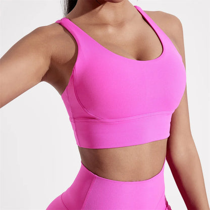 Solid Color Women Cross back Fitness sport Bra high strength Tight Top Comprehensive Training Gym Yoga Underwear With Chest Pad