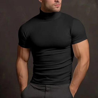 Cross-border Amazon 2024 summer solid color short-sleeved fashion bottoming shirt men's tight turtleneck T-shirt