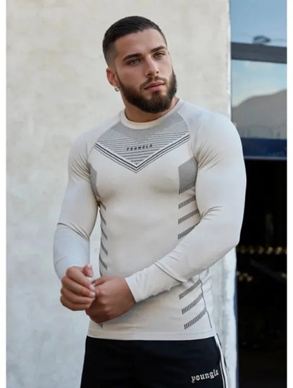 Spring Autumn Men Slim Fit Casual Elastic Training Top Long Sleeve T-shirt Fitness Sports Milk Silk Material Running Fitness