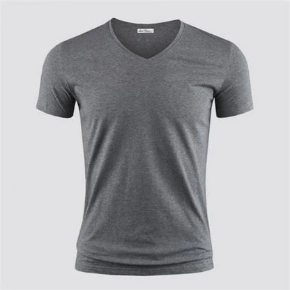 2025 Men's T Shirt Pure Color V Collar Short Sleeved Tops Tees Men T-Shirt Black Tights Man T-Shirts Fitness For Male Clothes