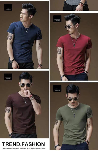2025 Men's T Shirt Pure Color V Collar Short Sleeved Tops Tees Men T-Shirt Black Tights Man T-Shirts Fitness For Male Clothes