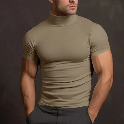 Cross-border Amazon 2024 summer solid color short-sleeved fashion bottoming shirt men's tight turtleneck T-shirt