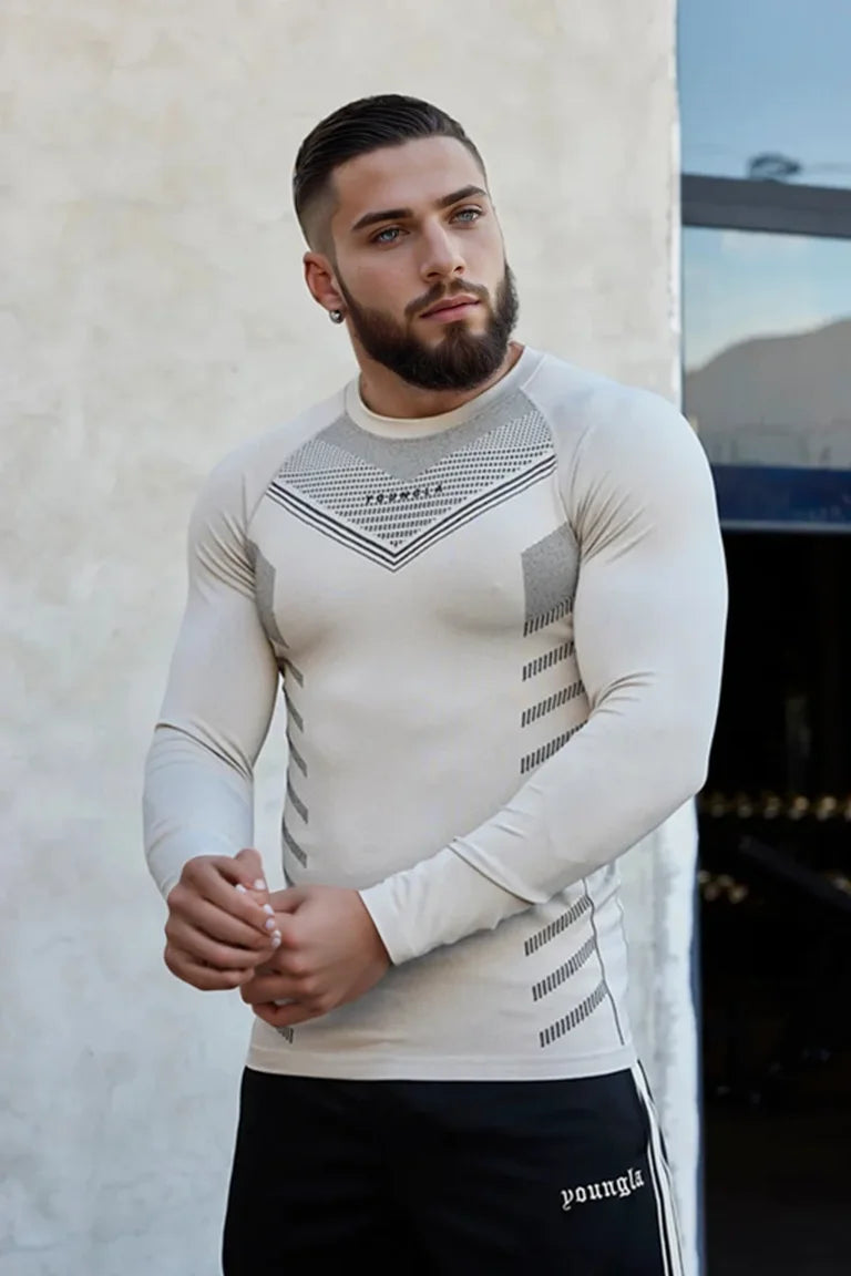 Spring Autumn Men Slim Fit Casual Elastic Training Top Long Sleeve T-shirt Fitness Sports Milk Silk Material Running Fitness