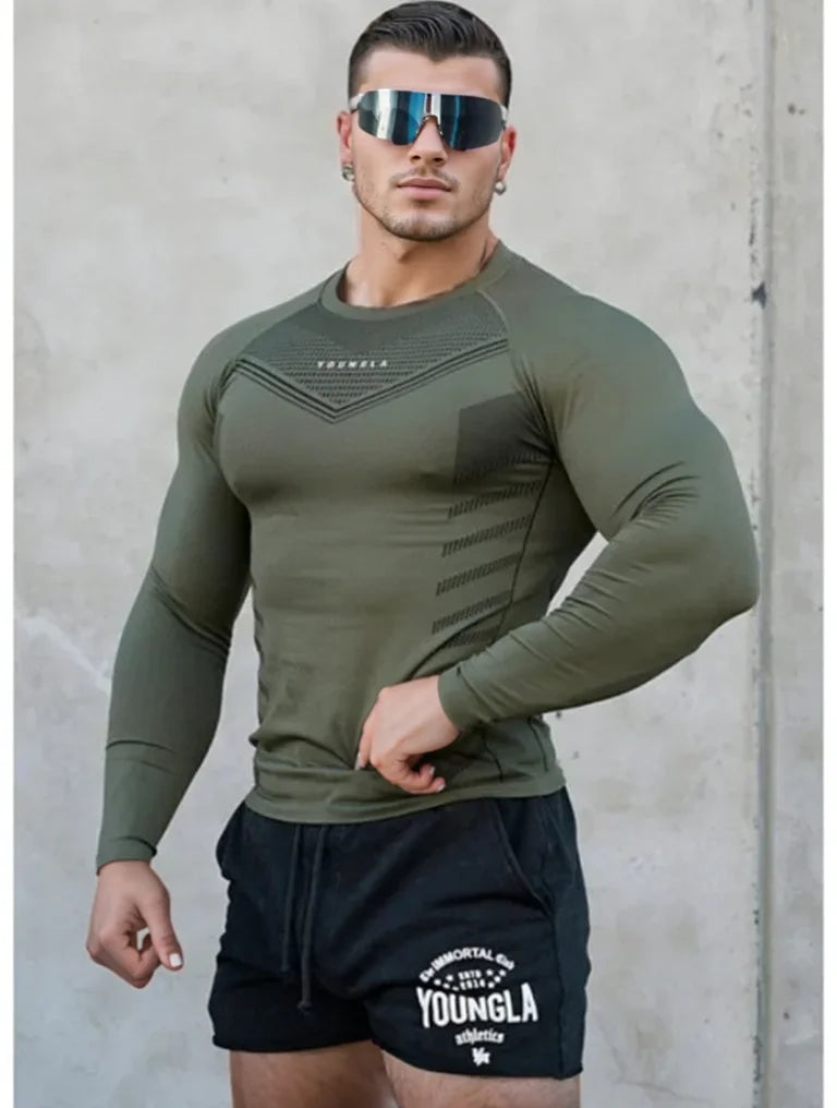 Spring Autumn Men Slim Fit Casual Elastic Training Top Long Sleeve T-shirt Fitness Sports Milk Silk Material Running Fitness