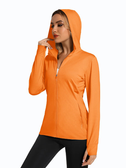 MAGCOMSEN Spring Lightweight Jackets Women's UPF 50+ Sun Protection Hooded Zip Shirts Running Athletic Tops Thumb Holes Hiking