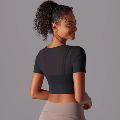 Women's Mesh Yoga Shirt Sexy Short Sleeve T-Shirt Sport Top Blouse Cover Up Quick Dry Gym Clothes Running Fitness Tank Sportwear