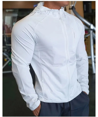 High Quality Nylon Sport Coat Mens Gym Fitness Hoodies Outdoor Workout Tops Hooded Training Running Zipped Jacket Clothes