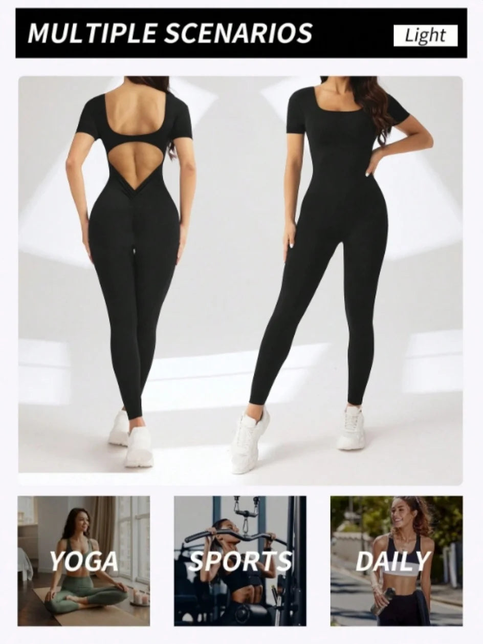 One piece seamless spandex U-neck short sleeved bodysuit with hip lifting, gym clothing, women's fitness jumpsuit