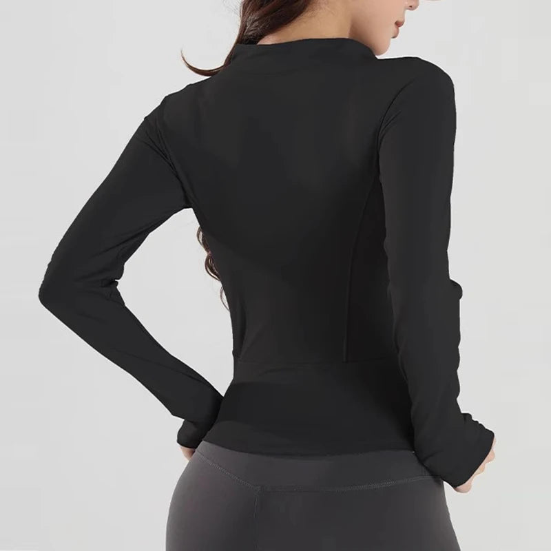 Women's Slim Fit Long Sleeved Yoga Exercise Jacket Stand up Collar Fitness Zipper Top Slimming Yoga Wear for Women