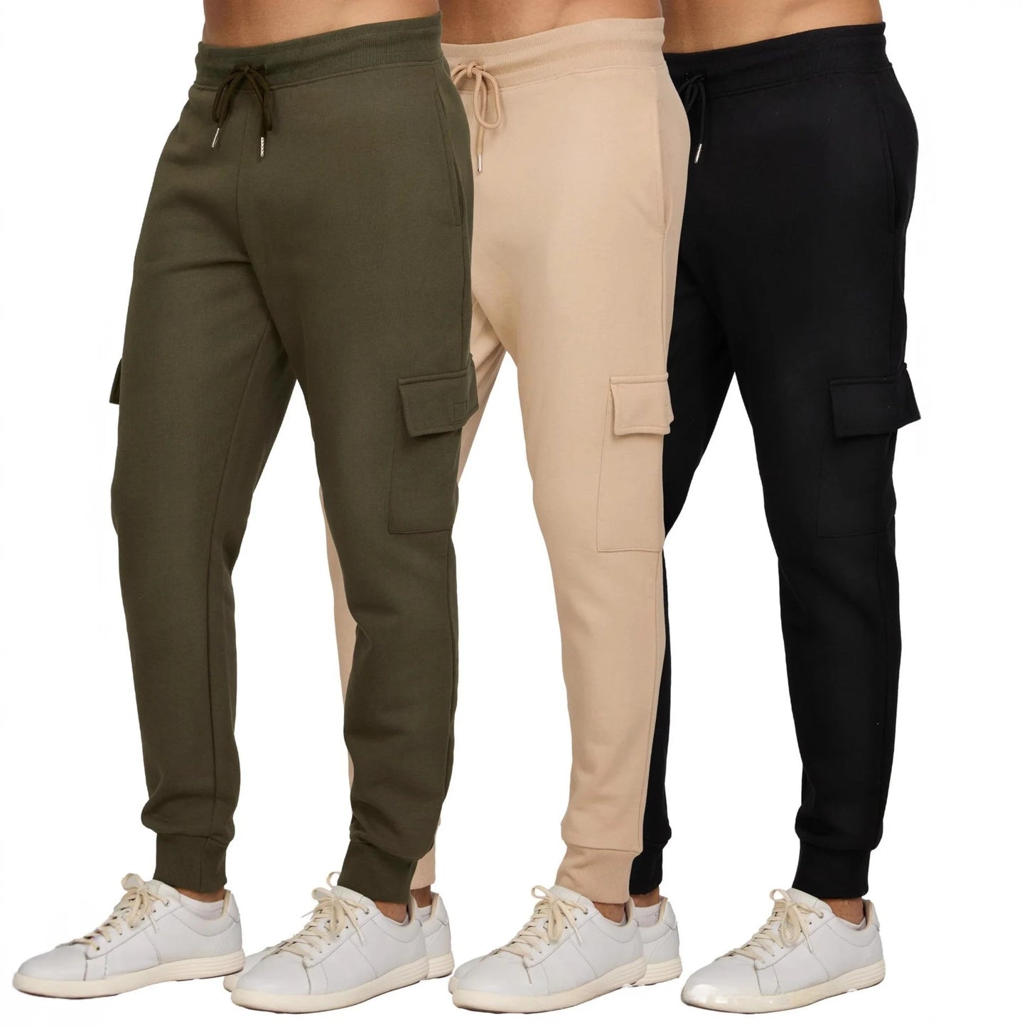 Men's Casual Fitness Long Pants Fleece Lined Cuffed Running Trousers Multi Pocket Workwear Sports Pants Low Waist Slim Fit