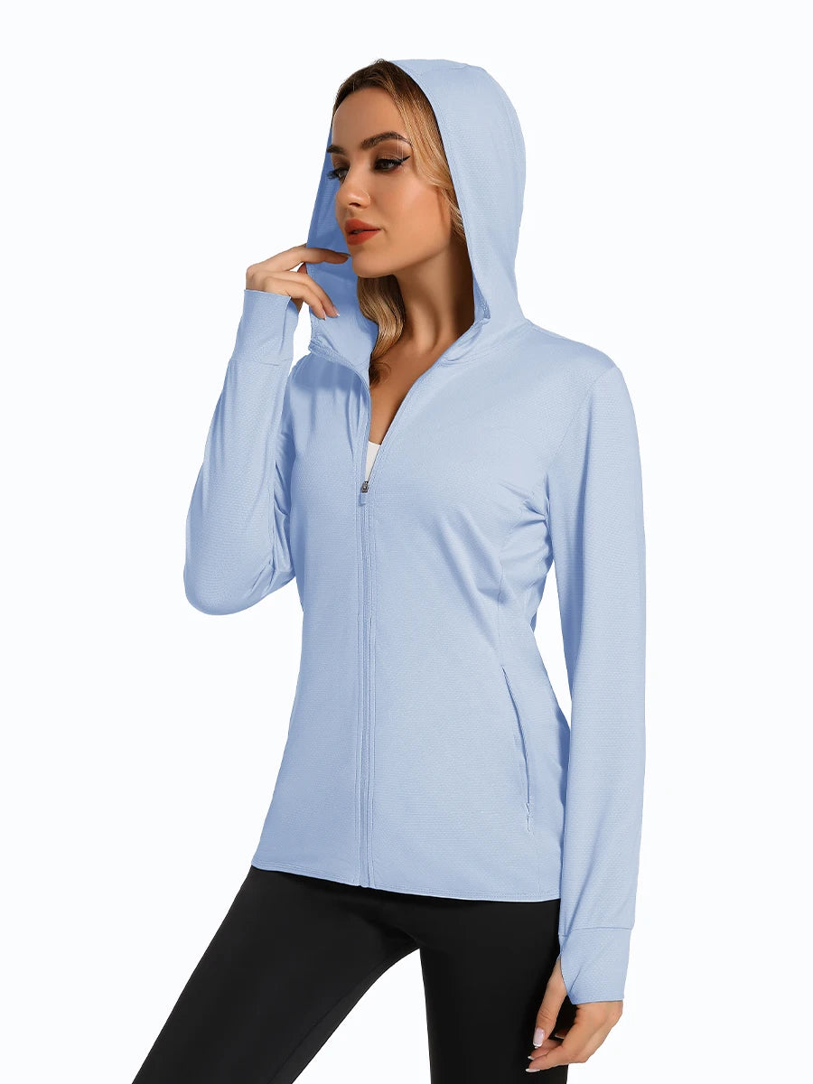 MAGCOMSEN Spring Lightweight Jackets Women's UPF 50+ Sun Protection Hooded Zip Shirts Running Athletic Tops Thumb Holes Hiking
