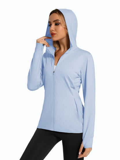 MAGCOMSEN Spring Lightweight Jackets Women's UPF 50+ Sun Protection Hooded Zip Shirts Running Athletic Tops Thumb Holes Hiking