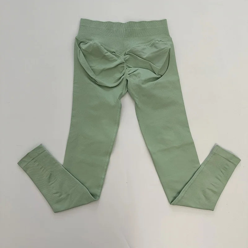 No Logo Leggings Women Low Ribbed Band Scrunch Bum Seamless Yoga Pants Gym Leggings Fitness Sweat Wicking Stretch Workout Tights