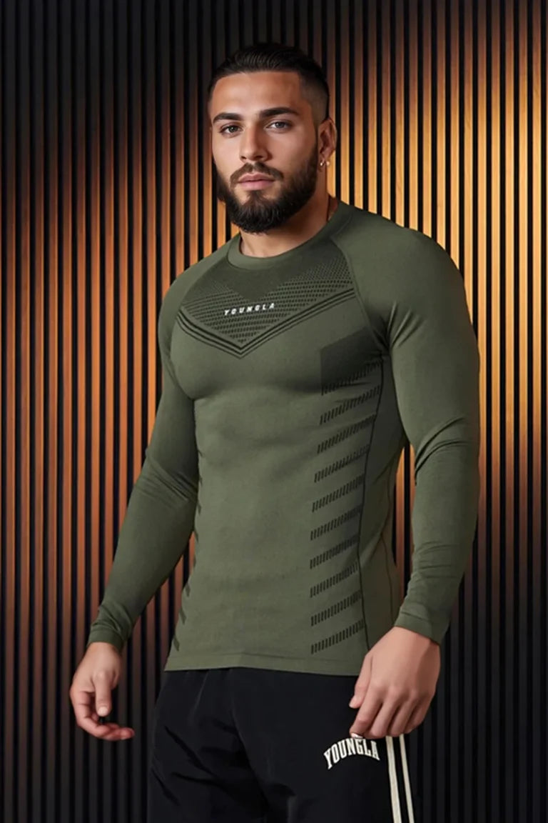 Spring Autumn Men Slim Fit Casual Elastic Training Top Long Sleeve T-shirt Fitness Sports Milk Silk Material Running Fitness