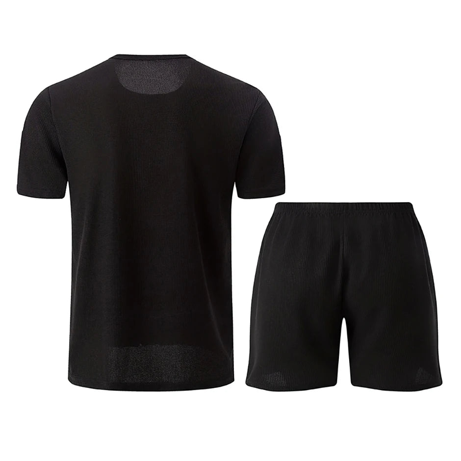 2-Piece Men's Summer Quick drying Sports Suit Loose And Breathable Short Sleeved T-shirt Running And Fitness Black Pocket Shorts
