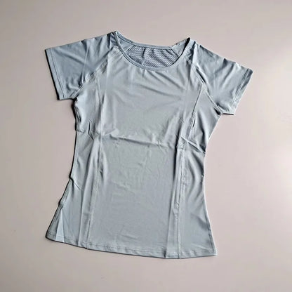 Women's sports and fitness short sleeved shirt, round neck pullover, mesh breathable quick drying yoga and fitness T-shirt