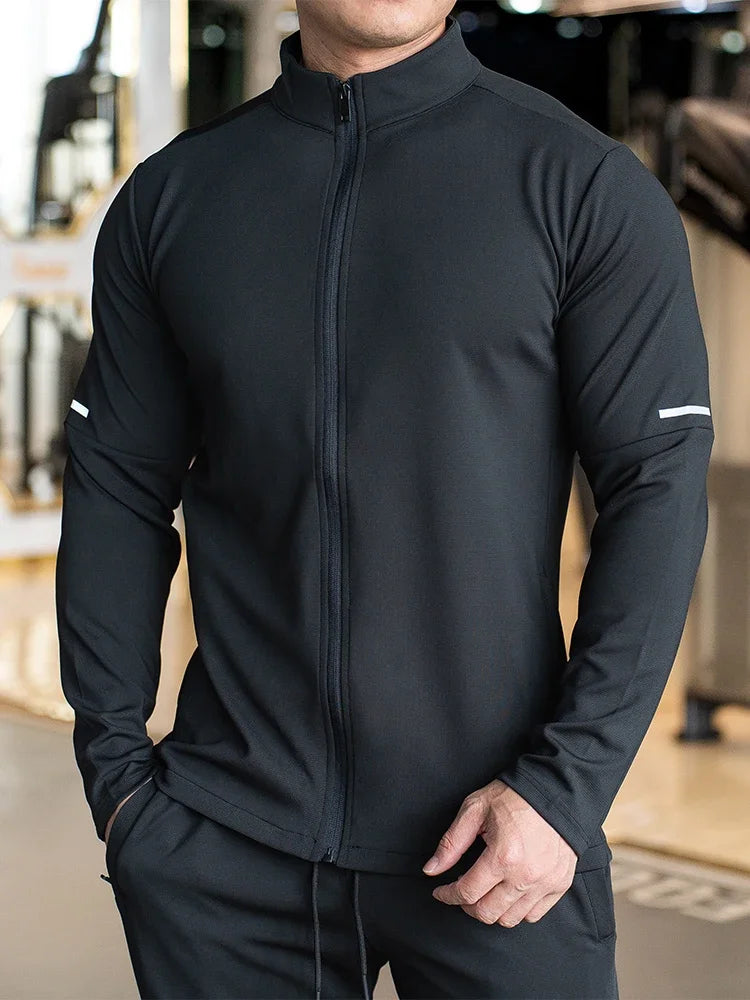 Men's Sports Fitness Casual Tops Long Sleeve Stand Up Collar Solid Colour Jacket Jogging Workout Sweatshirt with Zip Long Sleeve
